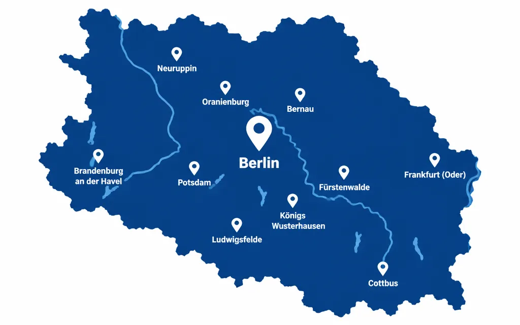 Karte des Einsatzgebiets Berlin plus 100 km mit Potsdam, Brandenburg, Frankfurt (Oder) und Cottbus