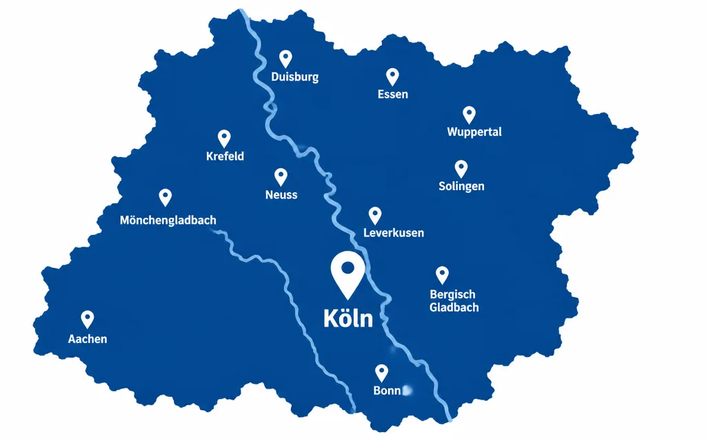 Karte des Einsatzgebiets Köln plus 100 km mit Bonn, Düsseldorf, Aachen und dem Ruhrgebiet
