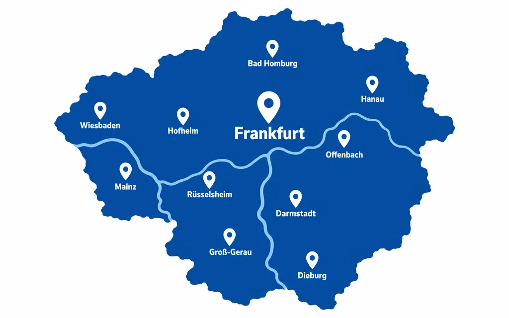 Karte des Einsatzgebiets Rhein-Main mit Frankfurt, Wiesbaden, Mainz, Rüsselsheim und Darmstadt