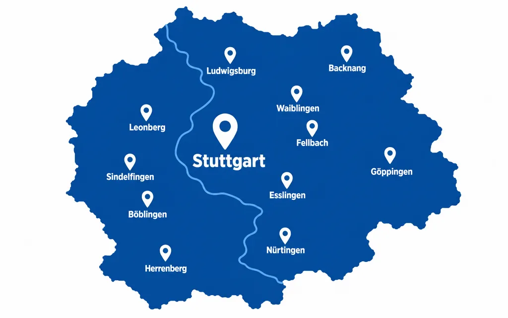 Karte des Einsatzgebiets Region Stuttgart mit Ludwigsburg, Waiblingen, Esslingen und Böblingen