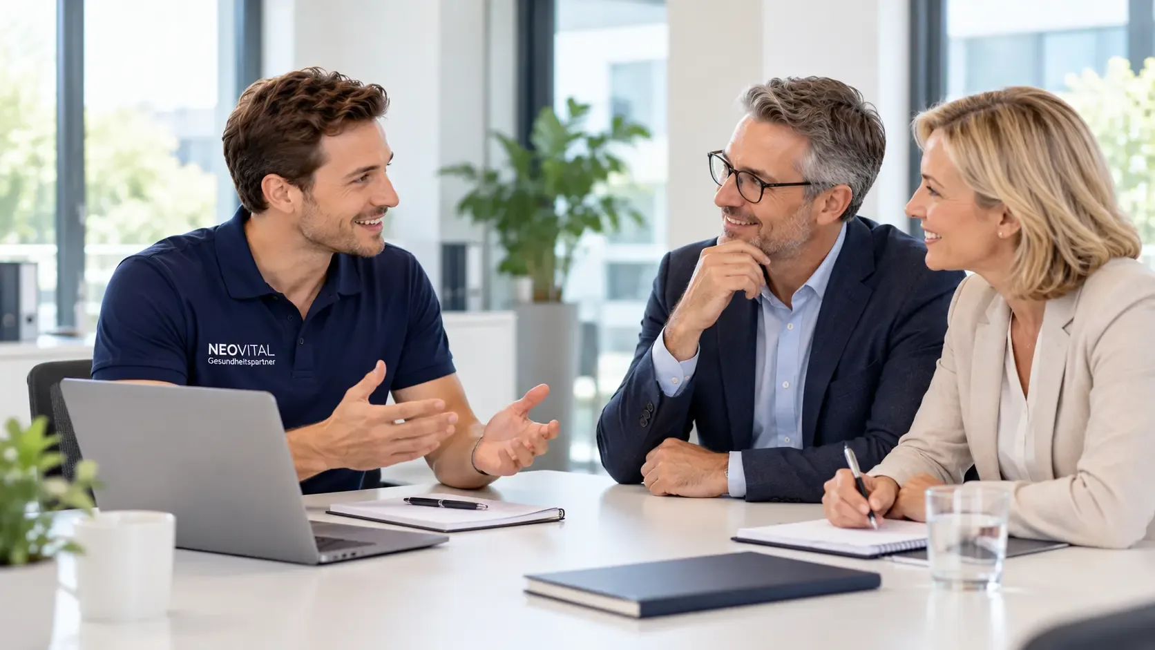 NeoVital Mitarbeiter im Gespräch mit zwei Partnern am Besprechungstisch