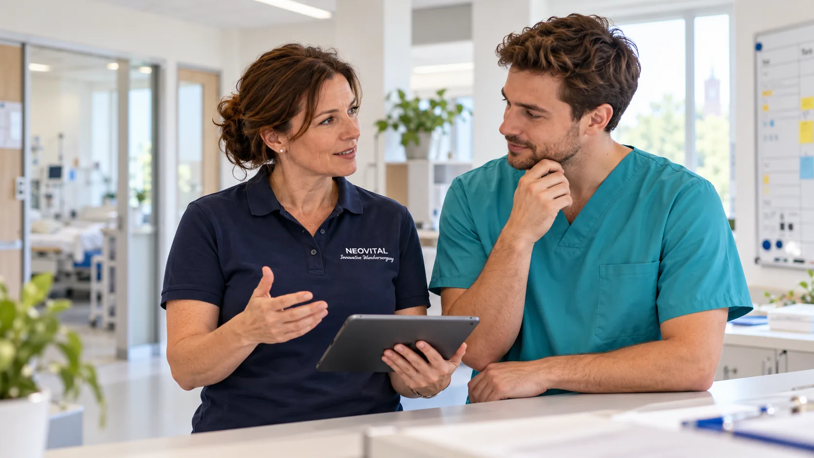 NeoVital Mitarbeiterin im Gespräch mit dem Klinikteam