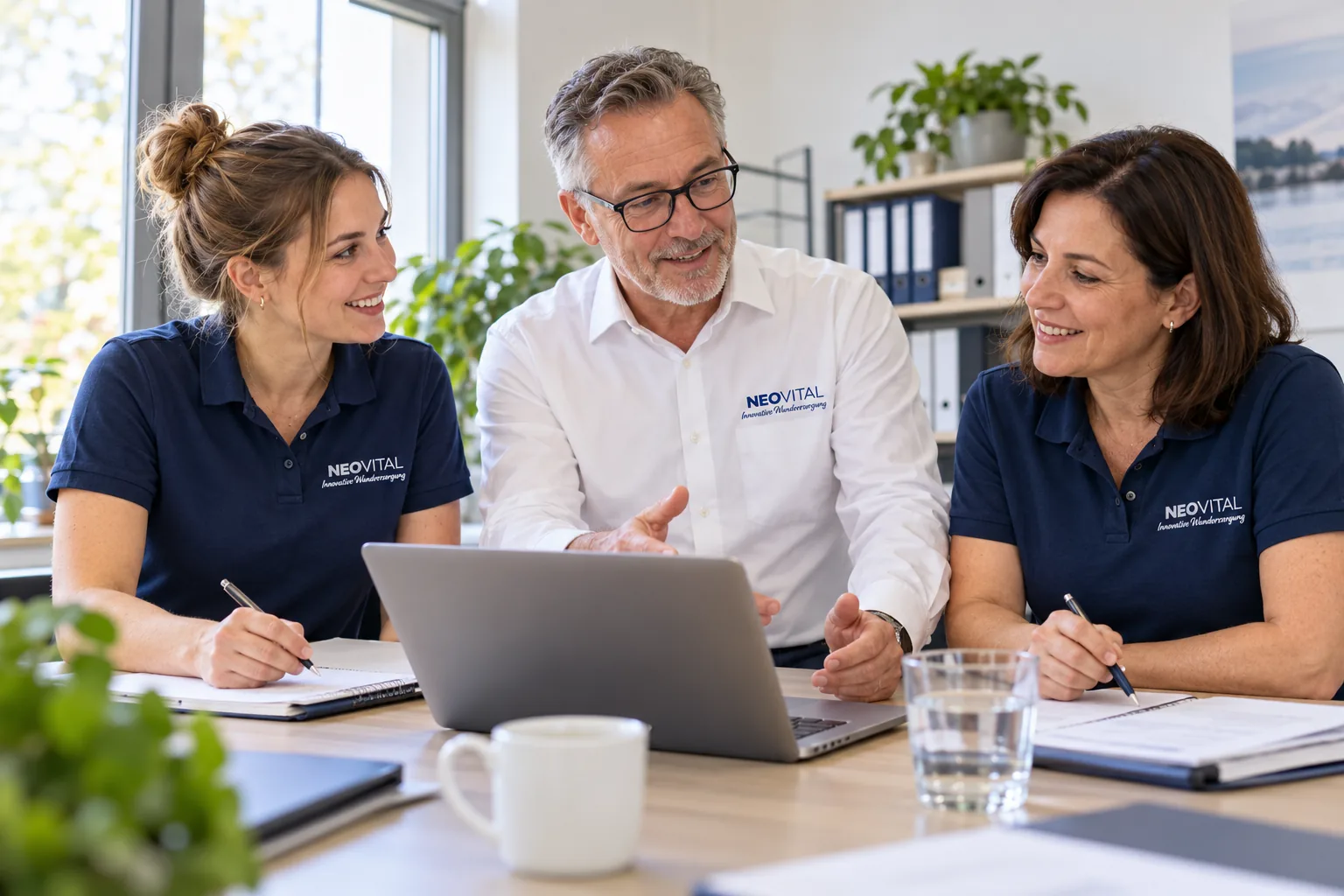 NeoVital Mitarbeitende lachen gemeinsam bei einer Teambesprechung