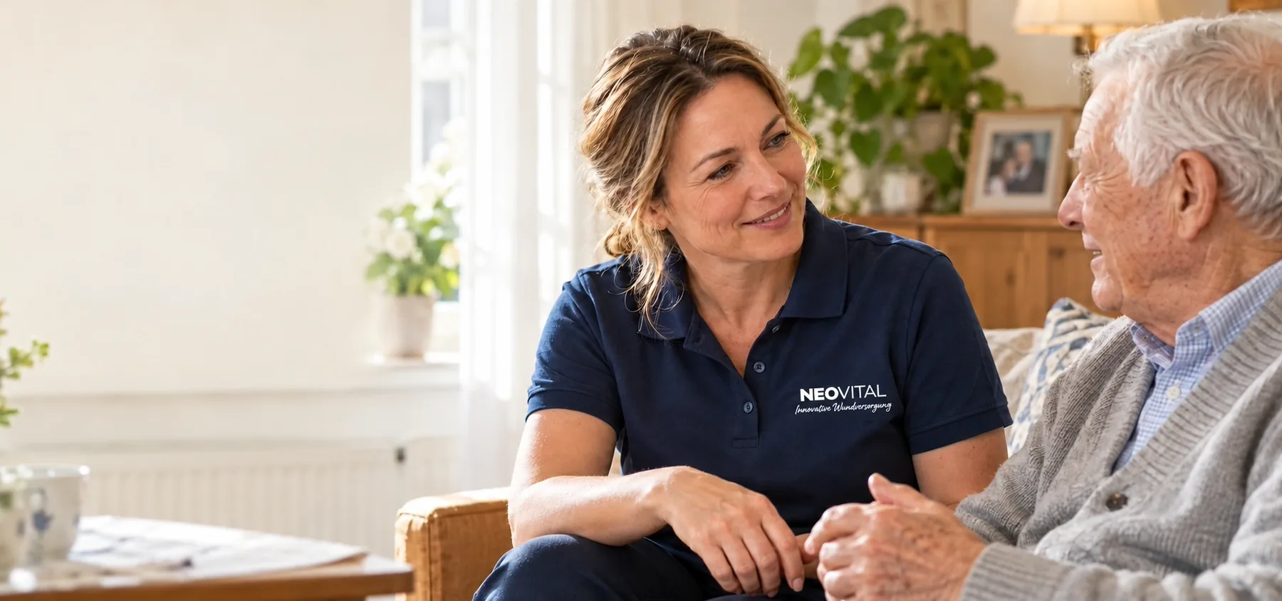 NeoVital Mitarbeiterin im Gespräch mit einem älteren Patienten zu Hause