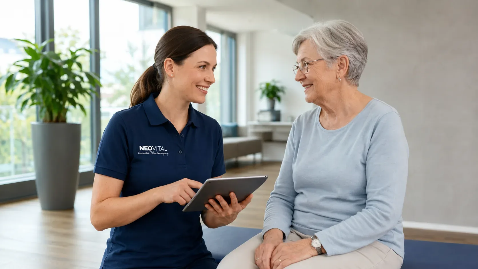 NeoVital Wundexpertin erklärt einer Patientin die Wunddokumentation auf dem Tablet