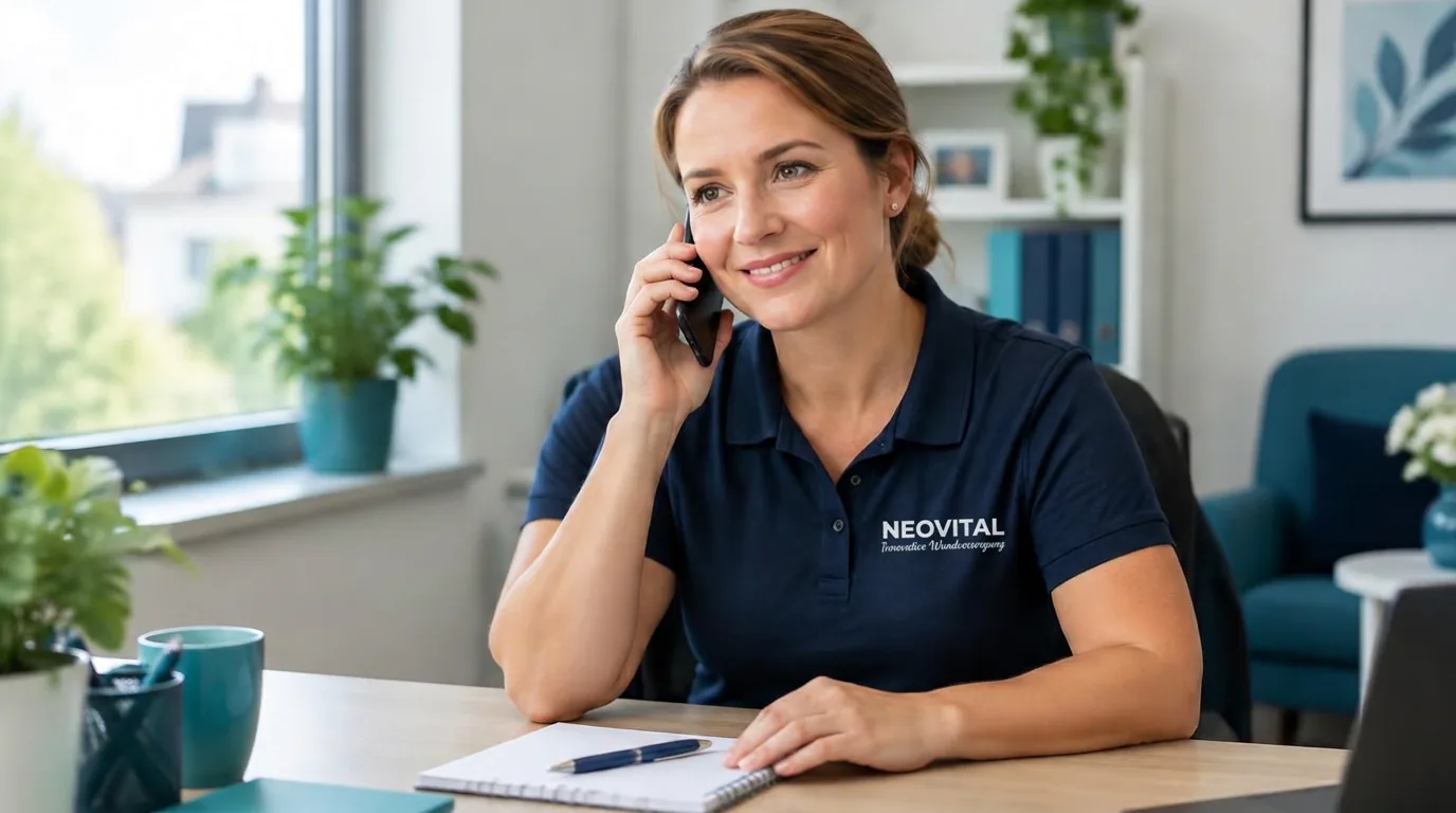 NeoVital Mitarbeiterin nimmt am Telefon eine Anfrage des Wundnotdienstes entgegen